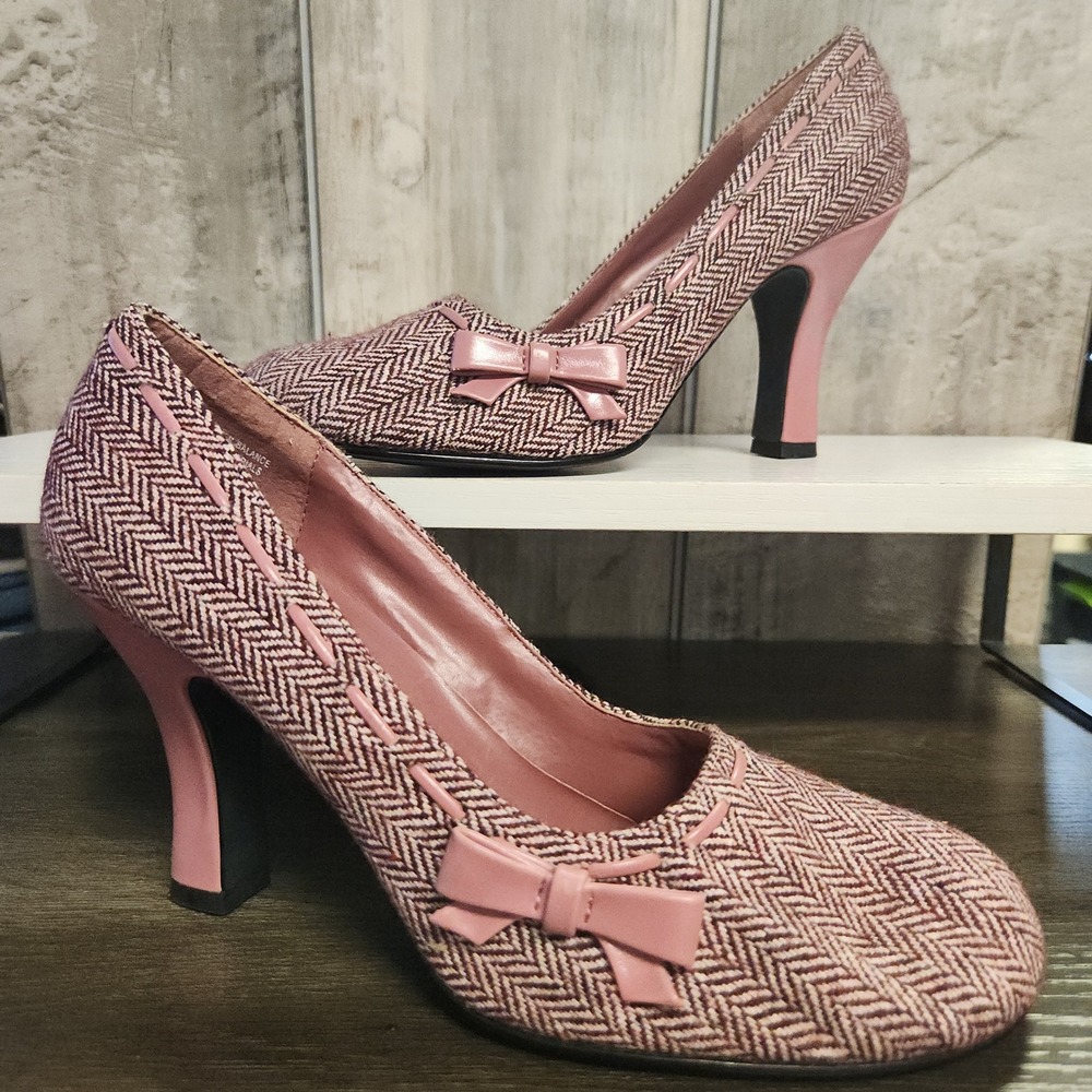 Vintage Y2K Pink Tweed Pumps‎ Womens 8.5 Herringbone Bow Accent Coquette Heels